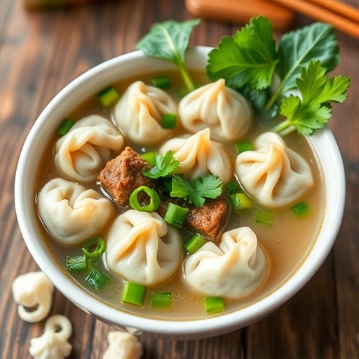 Savory Beef Wonton Soup Recipe A bowl of Beef Wonton Soup with beef-filled wontons, green onions, and bok choy, served on a rustic wooden table.